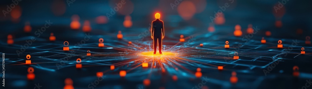 Poster Individual person standing in front of a complex network of orange and blue lines representing connectivity and technology