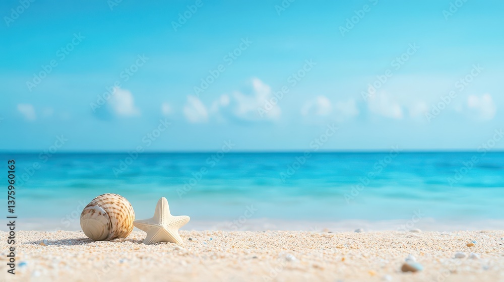 Poster a beautiful seashell resting on the soft sandy beach surrounded by gentle ocean waves and bright sun