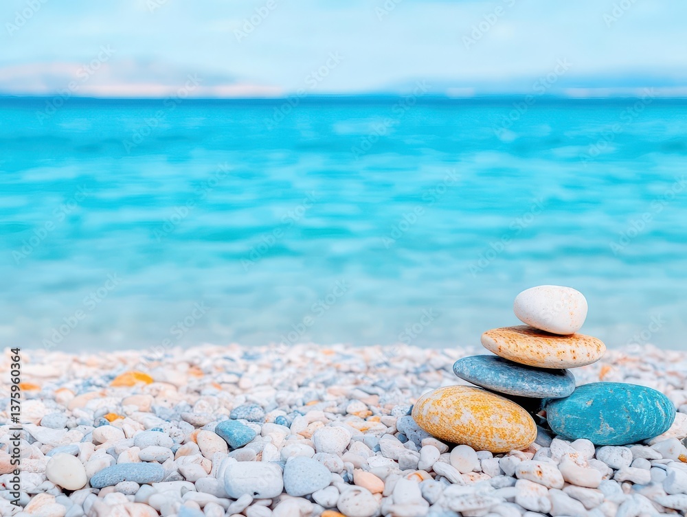 Poster rugged rocks lining the beach with gentle ocean waves crash against them under a clear blue sky