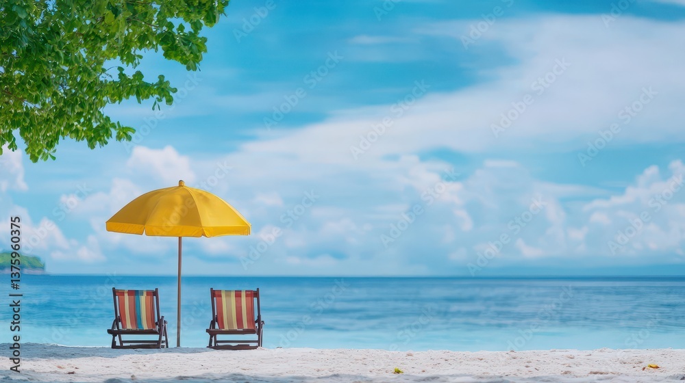 Aufkleber two beach chairs and a colorful umbrella on a sandy beach with gentle ocean waves lapping at the sho