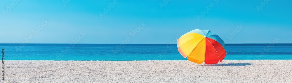 Poster colorful beach umbrella providing shade on a sandy shoreline with gentle waves lapping in the backgr