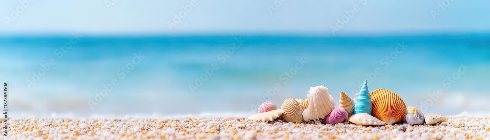 Poster A collection of beautiful shells resting on the beach with soft sand and gentle ocean waves in the background