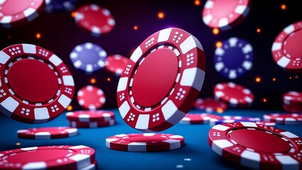 Floating casino poker chips in neon glow