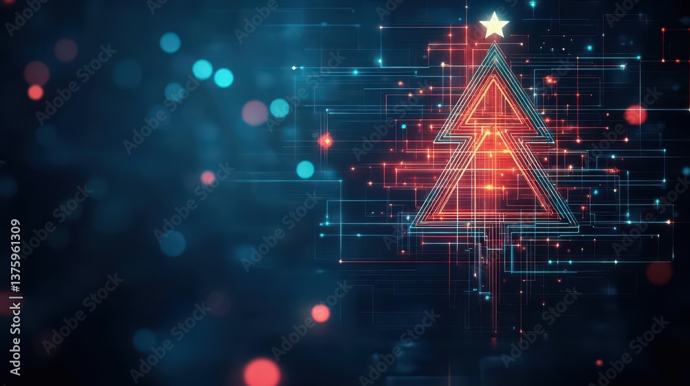 Poster artistic representation of a christmas tree formed by glowing lines set against a dark background fo