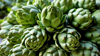 Fresh green artichokes stacked together in close-up