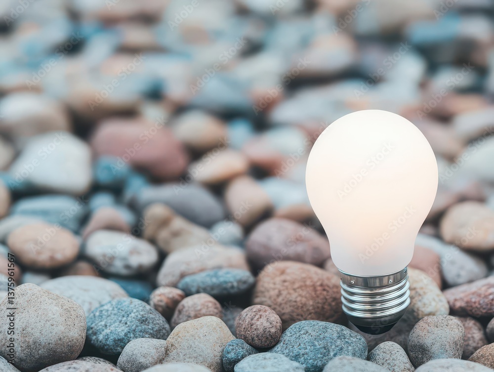 Poster light bulb resting on a bed of smooth rocks creating an artistic and unique composition with natural