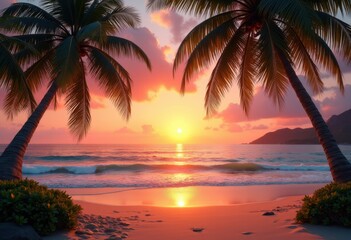 tropical beach sunset scenic view swaying palm trees vibrant sky warm ocean waves relaxation paradise, sea, cloud, sand, shore, island, horizon, tide, nature