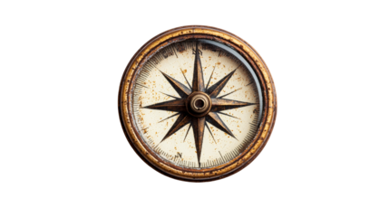 Antique compass with a wind rose dial on black background, cut out transparent