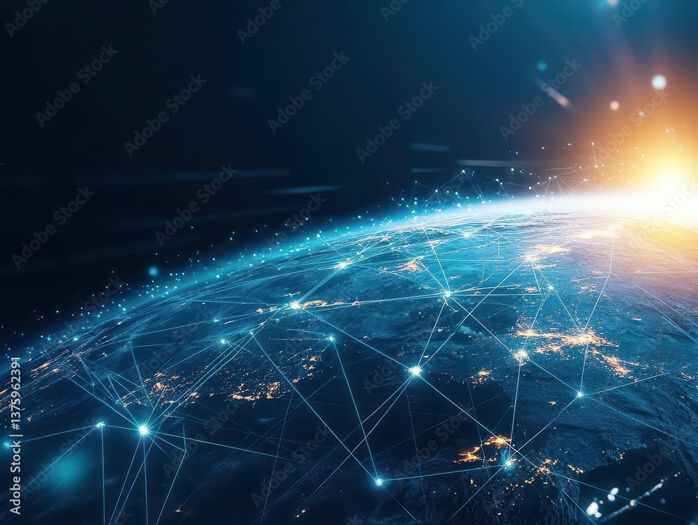 Fototapete The earth surrounded by a complex network of connected lines and dots representing global communication and connectivity