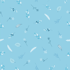 Seamless wallpaper blue pattern. Modern background with hand drawn small leaves, plants and flowers