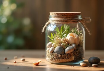gratitude jar filled natural elements earthy textures colors organic materials serenity calm gift appreciation joy, stone, leaf, herb, twig, sand, moss