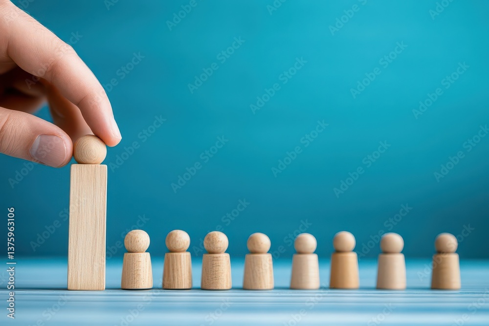 Poster a close-up shot of a hand skillfully placing a wooden block in a precise row of wooden pegs focusing