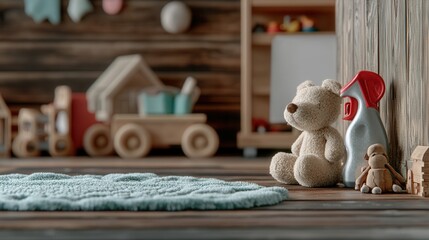 A charming and meticulously clean daycare playroom features a teddy bear, wooden toys, and a soft rug on a rustic wooden floor showcasing a safe and organized environment for young
