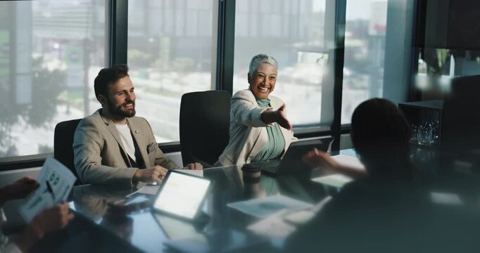 Meeting, handshake and business people in office, planning and feedback for stats. Group, partnership and employees with financial advice, shaking hands and laptop with negotiation and company merger