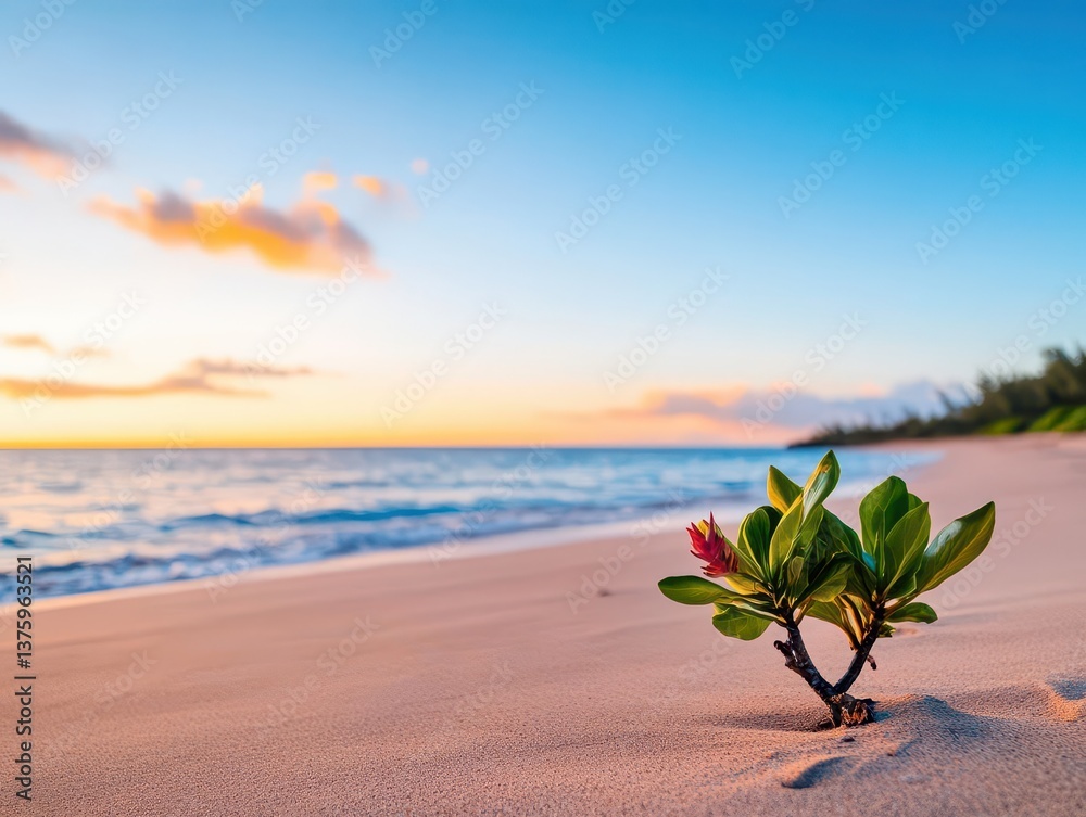 Aufkleber small green plant nestled on a sandy beach with gentle waves lapping in the background under a clear