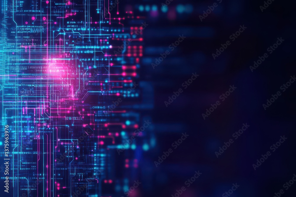 Poster circuit board illuminated with a bright red light highlighting electrical connectivity and technolog