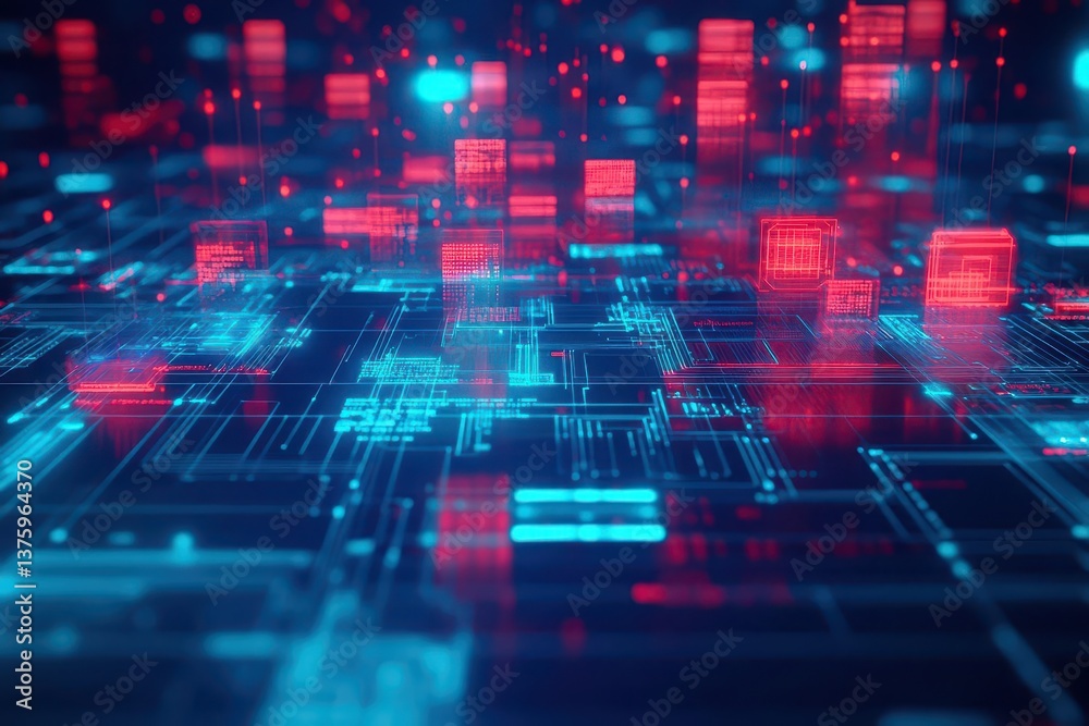 Aufkleber circuit board featuring red and blue lights illuminating connections and pathways in a digital techn