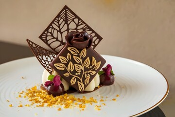 Artistic Chocolate Plate with Swirls, Shavings, and Raspberries