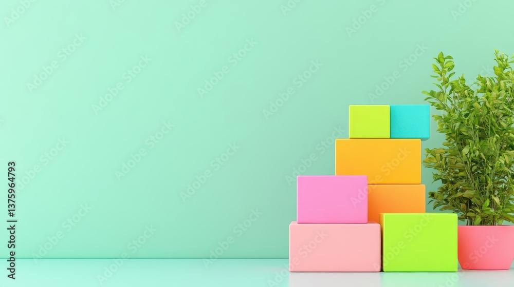 Poster stylish plant in a pot positioned on a stack of brightly colored cubes creating a modern and artisti