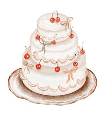 Watercolor illustration of a three-tiered wedding cake with delicate frosting and a cherry, perfect for bridal showers, anniversary invitations, or wedding websites. Elegant, festive design.