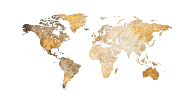 World map on vintage paper parchment texture, illustration, cut out transparent