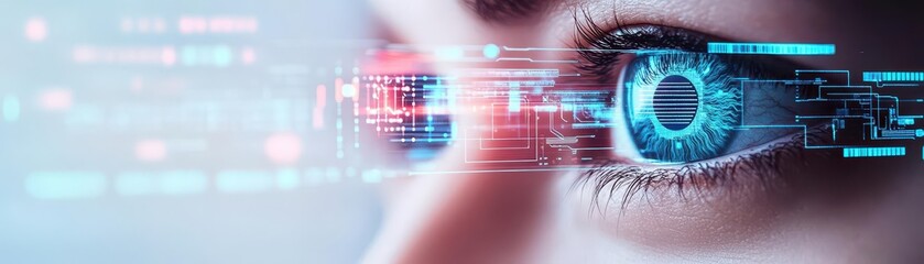 Close-up of a woman's eye with a futuristic digital interface hovering above illustrating advanced technology concepts