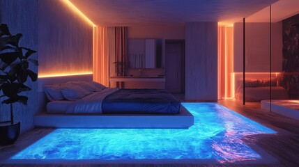 Modern bedroom design with innovative water feature and neon lighting