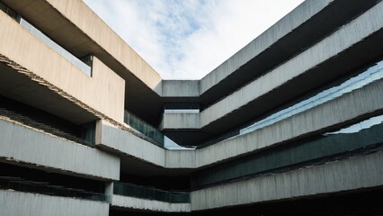 Architectural Geometry: A Study of Lines, Layers, and Reflections in a Modern Building Design, Captured Under a Partially Cloudy Sky.