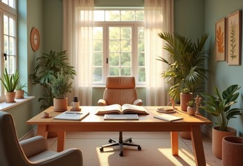 Fototapeta premium relaxing workspace environment therapy essential calm decor natural light serenity, relaxation, desk, plants, baskets, cozy, books, softness, wood, art
