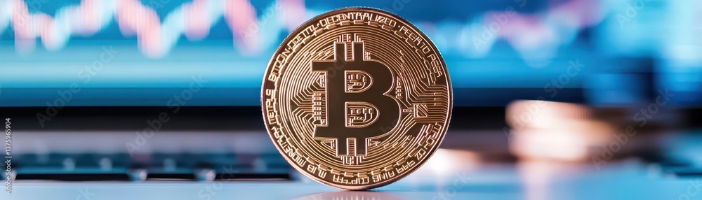 Poster Close-up image of a bitcoin coin showcasing its unique design and textures reflecting light on a dark surface