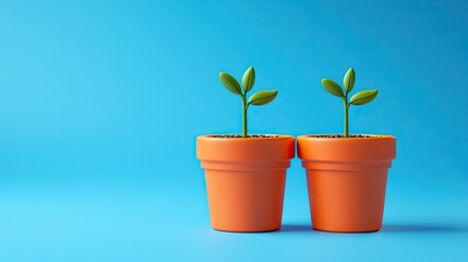 Fototapeta premium Two seedlings grow in orange pots on a blue background; growth, nature, new beginnings; website banner