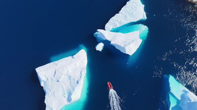 Antarctica icy landscape expedition group tourist traveler people man at cruise red boat ship winter Arctic snow mountains Iceberg glacier nature cold water, Scientist Tourism travel. Aerial drone 
