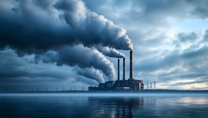 Obraz premium A dramatic view of a power plant emitting smoke into the sky, illustrating the impact of industry on our environment.