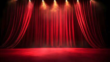 A dramatic stage with rich red curtains and soft lighting, perfect for theatrical performances and artistic presentations.