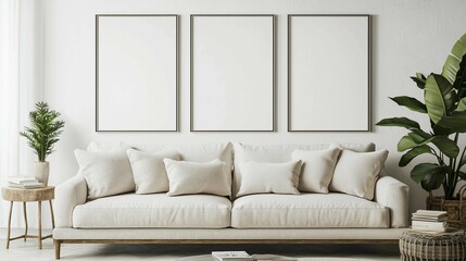 Modern living room with sofa,wooden coffee table and decorative plants,minimalism interior design.