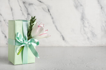 Gift box with beautiful tulip flower and eucalyptus branch on white background. Mother's Day celebration