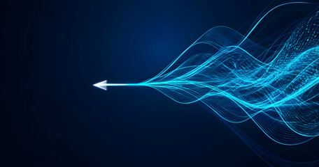 A dynamic blue wave of light emanating from an arrow, symbolizing direction, innovation, and technological advancement.