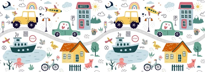 Fototapete Rund Cartoon Auto a modern seamless pattern,with hand drawn cars, signs, roads,  a tree. A cartoon element isolated on a white background. for print, children, paper, print. cu illustration in the style of trend art  © dezignstock
