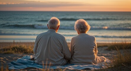 Fototapeta premium Elderly couple sitting on beach blanket with ocean view at sunset