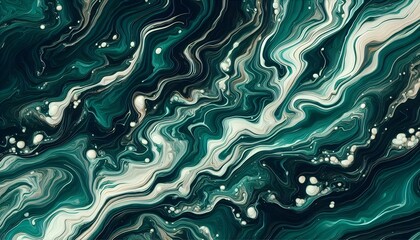 Obraz premium Abstract marbled background with rich emerald and crisp white flowing liquid patterns.