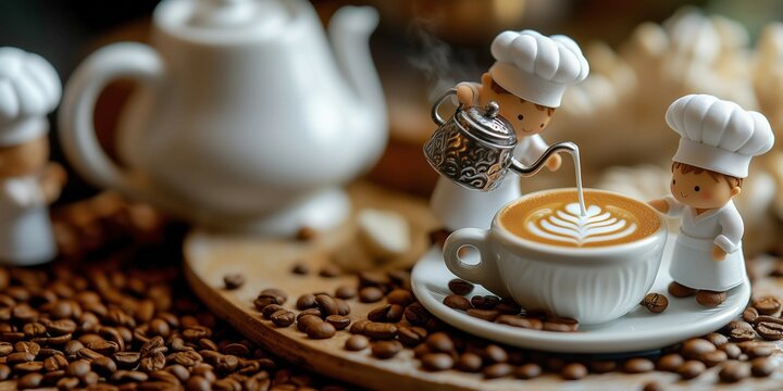 Cup of coffee with latte art,little people in chef's hats,coffee beans and miniature teapot