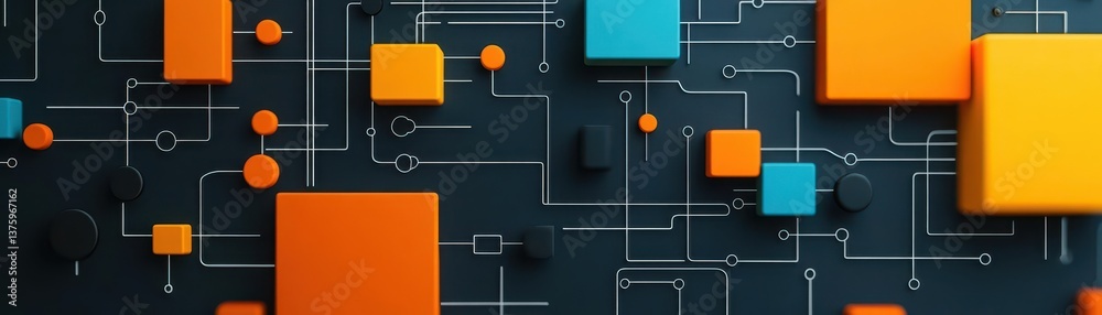Poster geometric arrangement of orange and blue squares on a wall creating a modern and vibrant visual disp