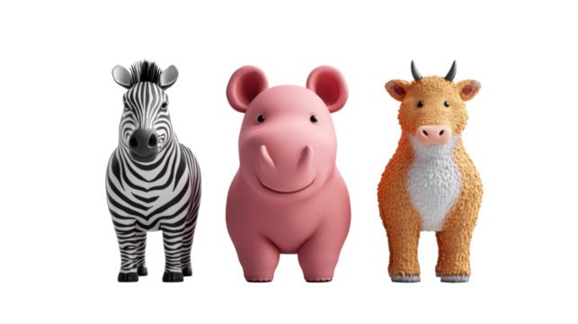 Cartoon zebra, pink hippo, cow toy, cute animals collection, cut out transparent