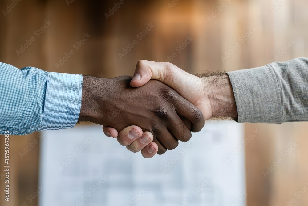 Poster Two professional men engaging in a firm handshake in a business setting signifying collaboration and partnership