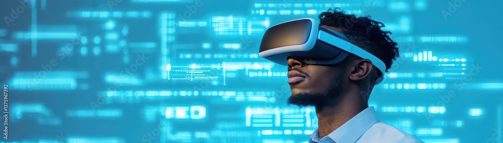 Leinwandbilder Man immersed in a virtual reality experience wearing vr headset with immersive graphics displaying an alternate world