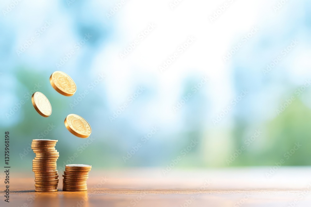 Poster Coins cascading from a stack onto a flat surface illustrating financial transactions and economic concepts in action