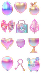 3D render set of icons, iridescent holographic colorful camera with heart symbol, feather, trophy, piggy bank, disco ball, ring, gift box, png