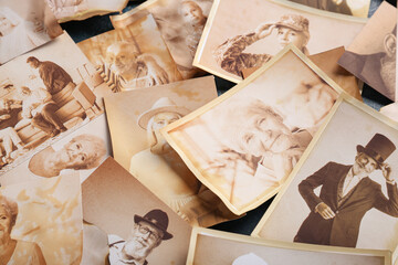 Many old photos of relatives. Concept of family tree