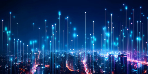 Obraz premium A futuristic city skyline illuminated by vibrant lights, showcasing a digital landscape of connectivity and innovation.