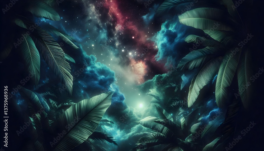 Wall mural mystical combination of tropical greenery and an expansive outer space backdrop.